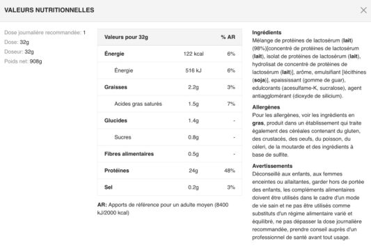 Valeurs nutritionnelles NITRO TECH 100% WHEY GOLD MUSCLETECH