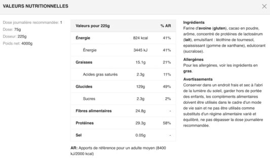 Valeurs nutritionnelles AK-47 GAINZ Chocolat