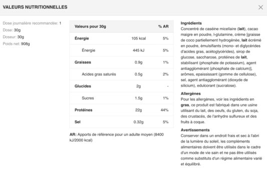 Valeurs nutritionnelles MICELLAR CASEIN