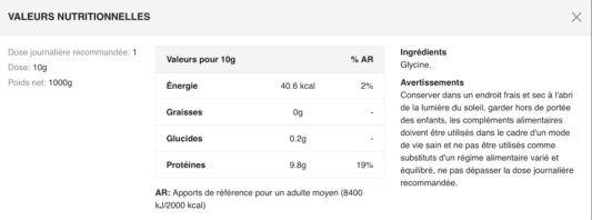Valeurs-nutritionnelles-GLYCINE-CRISTALISEE-YAM-HEALT 1KG NEUTRE