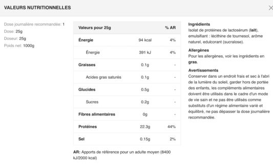Valeurs nutritionnelles ISO-XP whey protein isolate applied nutrition