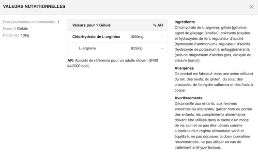 Valeurs-nutritionnelles-L-ARGININE-BiotechUSA-