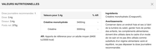 Valeurs Nutritionnelles premium creatine Weider 100% créapure®