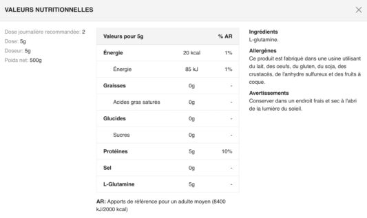 Valeurs-nutritionnelles-100-L-GLUTAMINE-BIOTECH-USA
