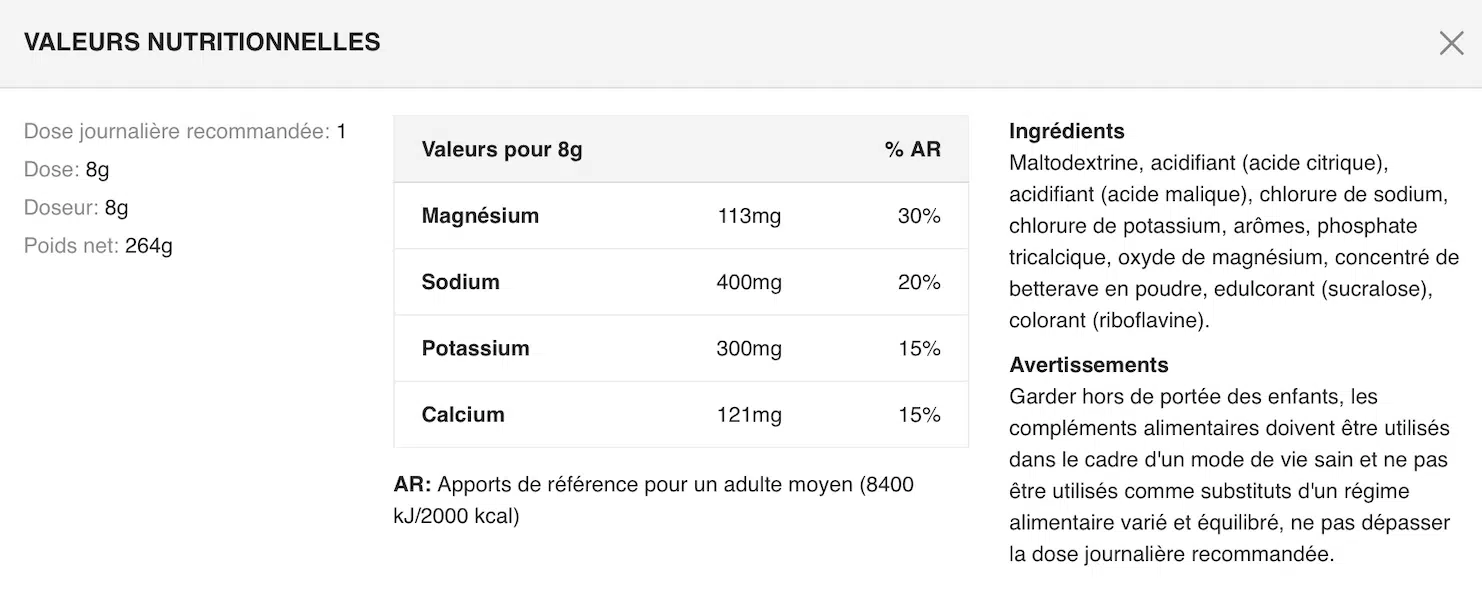 valeur nutritionnelles electrolyte optimum
